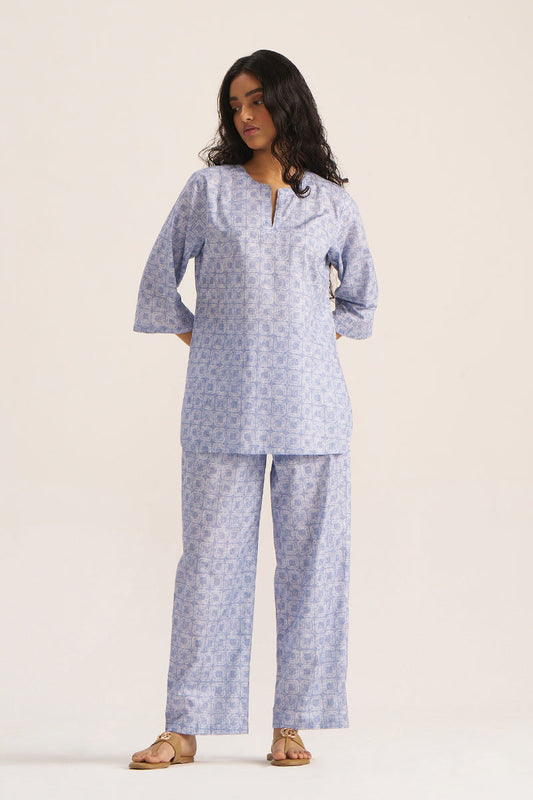 Women's Powder Blue and White Pure Cotton Loungewear