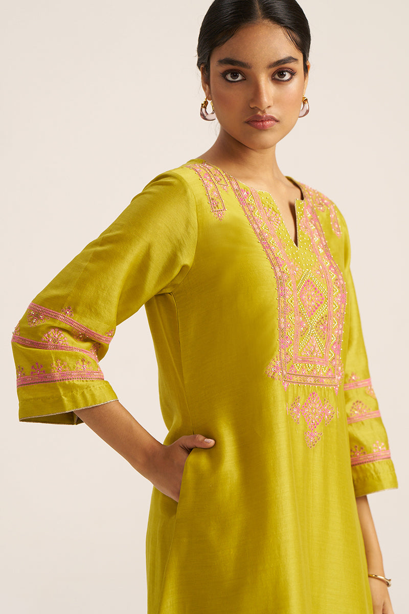 Women's Cress Green Chanderi Banjara Embroidery Co-ord Set