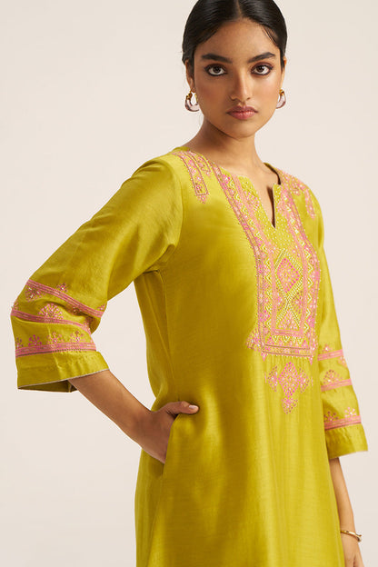 Women's Cress Green Chanderi Banjara Embroidery Co-ord Set