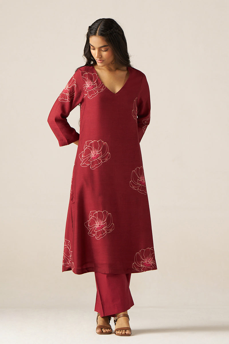 Women's Tibetan Red Flower Print Co-ord Set