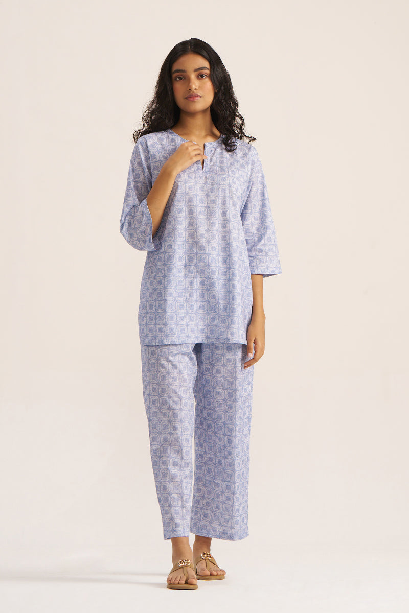 Women's Powder Blue and White Pure Cotton Loungewear