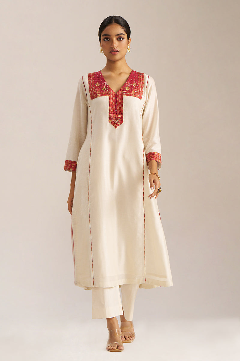 Women's Ivory and Maroon Chanderi Banjara Embroidery Co-ord Set