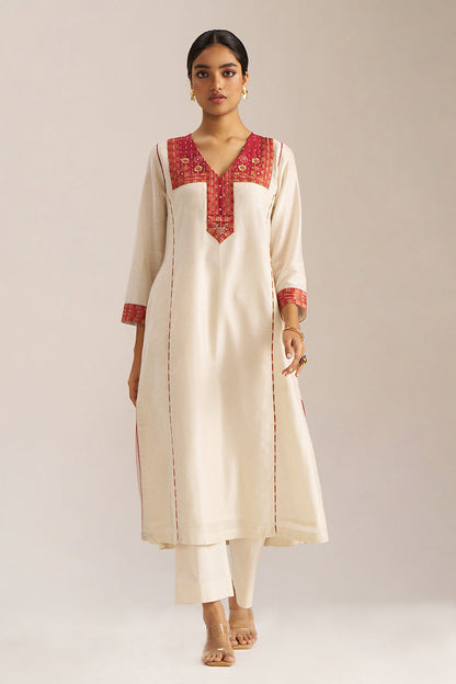 Women's Ivory and Maroon Chanderi Banjara Embroidery Co-ord Set