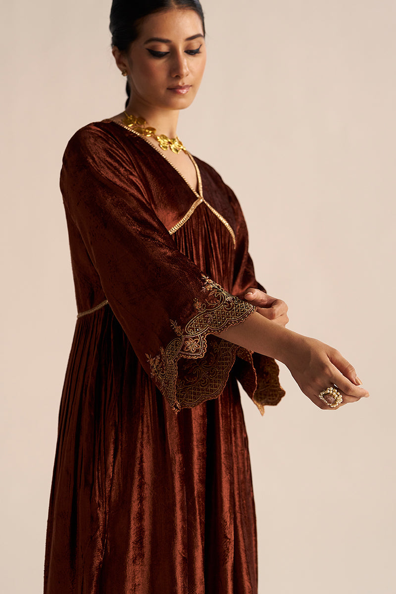 right hand side view Sequoia Brown Velvet Festive Kurta Set