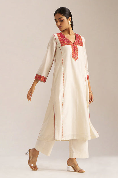 Women's Ivory and Maroon Chanderi Banjara Embroidery Co-ord Set