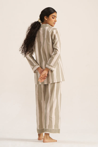 Women's Moss Grey and Ivory Bold Striped Pure Cotton Nightwear