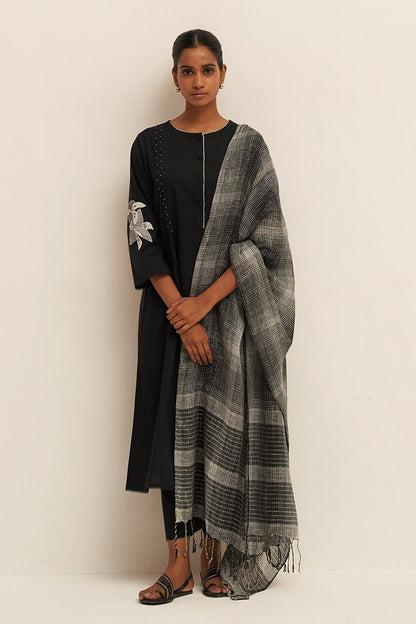 Women's Black Cotton Kurta Set With Pure Linen Woven Dupatta