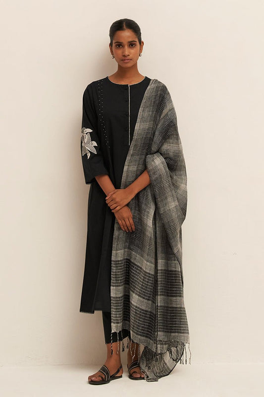 Women's Black Cotton Kurta Set With Pure Linen Woven Dupatta