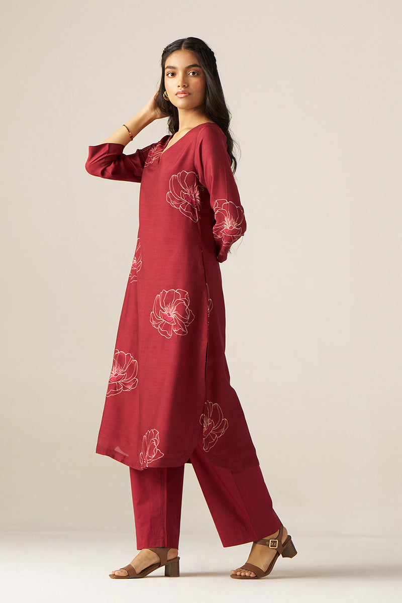 Women's Tibetan Red Flower Print Co-ord Set
