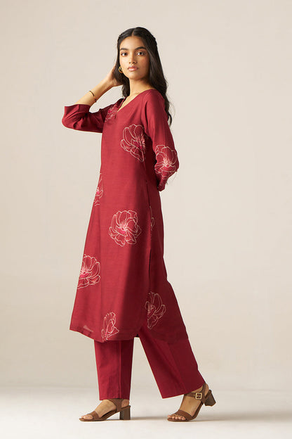 Women's Tibetan Red Flower Print Co-ord Set