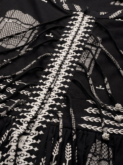 Dhiyona SN Women's Black & White Ethnic Motifs Printed Pure Cotton Kurta with Sharara