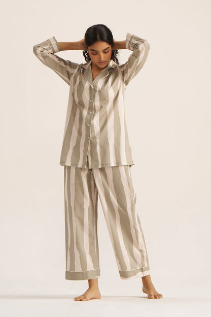 Women's Moss Grey and Ivory Bold Striped Pure Cotton Nightwear