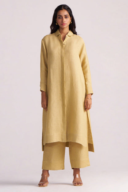 Woman wearing a Fall Leaf Pure Linen Co-ord Set on a white background
