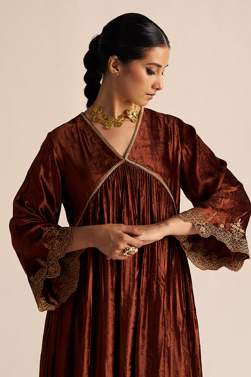 front zoom side view Sequoia Brown Velvet Festive Kurta Set