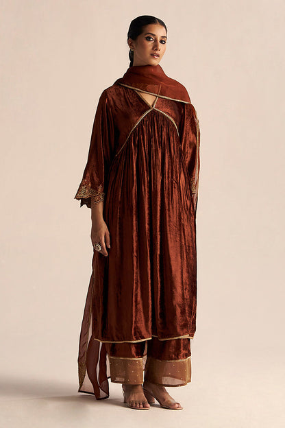 front view Sequoia Brown Velvet Festive Kurta Set