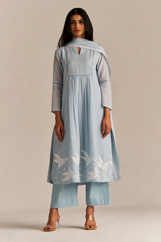 Dhiyona GF Women's Powder Blue Mul-Mul Embroidered Kurta Set