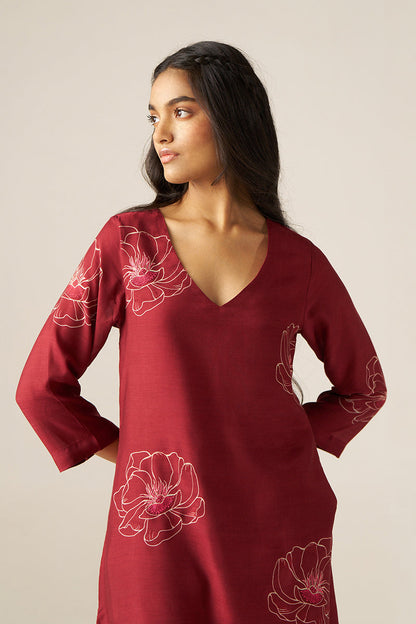 Women's Tibetan Red Flower Print Co-ord Set