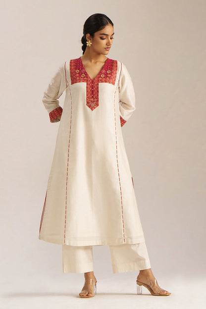 Women's Ivory and Maroon Chanderi Banjara Embroidery Co-ord Set