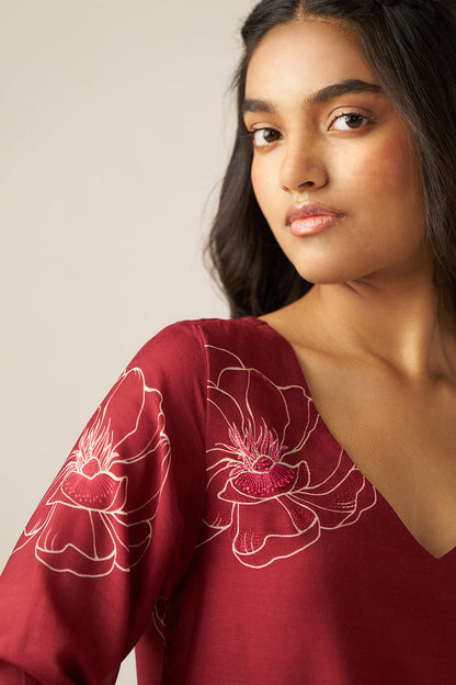 Women's Tibetan Red Flower Print Co-ord Set
