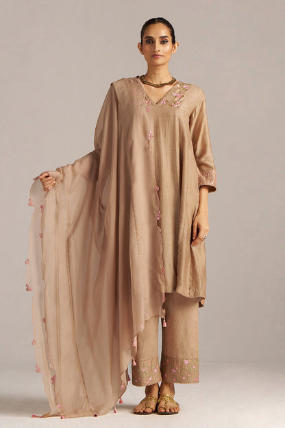Dhiyona GF Women's Praline Brown Bemberg Silk Festive Kurta Set