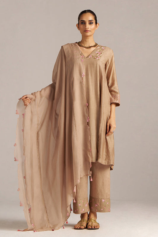 Dhiyona GF Women's Praline Brown Bemberg Silk Festive Kurta Set