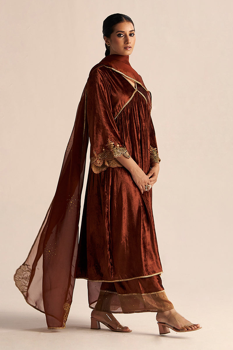 right leg view Sequoia Brown Velvet Festive Kurta Set