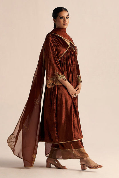 right leg view Sequoia Brown Velvet Festive Kurta Set
