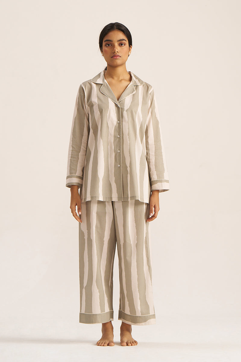 Women's Moss Grey and Ivory Bold Striped Pure Cotton Nightwear