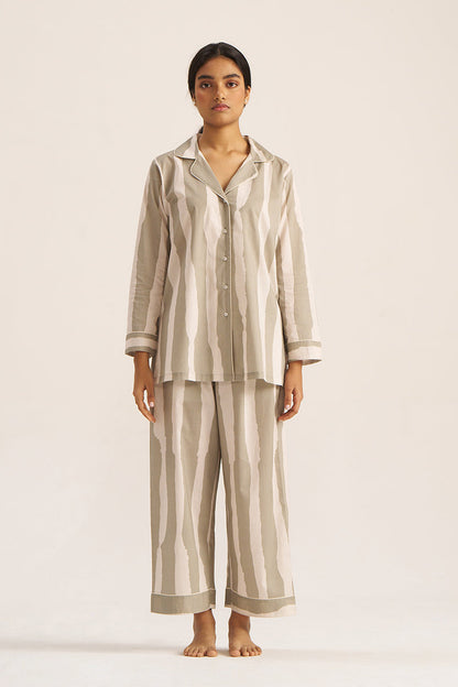 Women's Moss Grey and Ivory Bold Striped Pure Cotton Nightwear