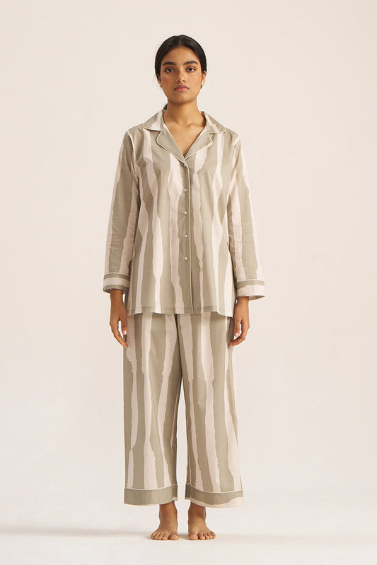Women's Moss Grey and Ivory Bold Striped Pure Cotton Nightwear
