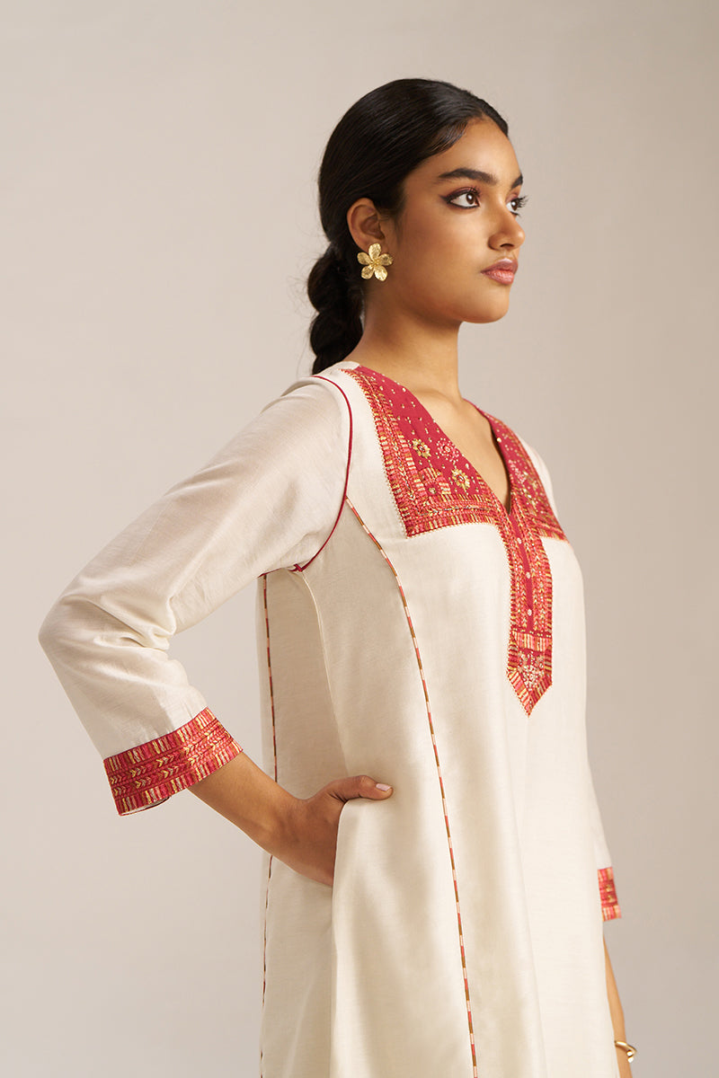 Women's Ivory and Maroon Chanderi Banjara Embroidery Co-ord Set