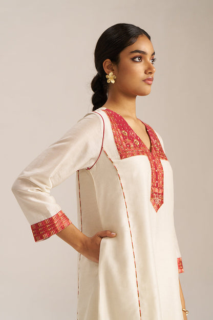 Women's Ivory and Maroon Chanderi Banjara Embroidery Co-ord Set