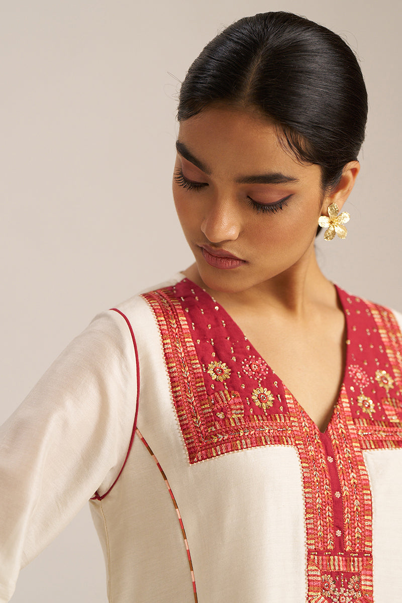 Women's Ivory and Maroon Chanderi Banjara Embroidery Co-ord Set