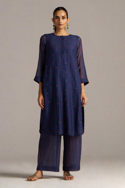 Dhiyona GF Women's Blue Opal Embroidered Mul-Chanderi Festive Co-ord Set