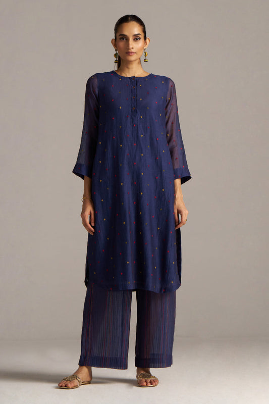 Dhiyona GF Women's Blue Opal Embroidered Mul-Chanderi Festive Co-ord Set
