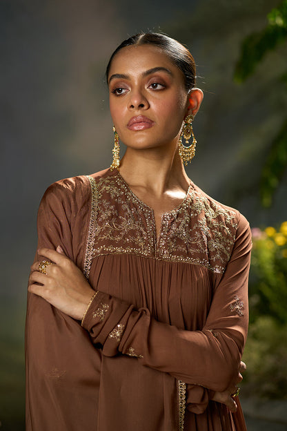 Dhiyona GF carob brown georgette festive kurta set