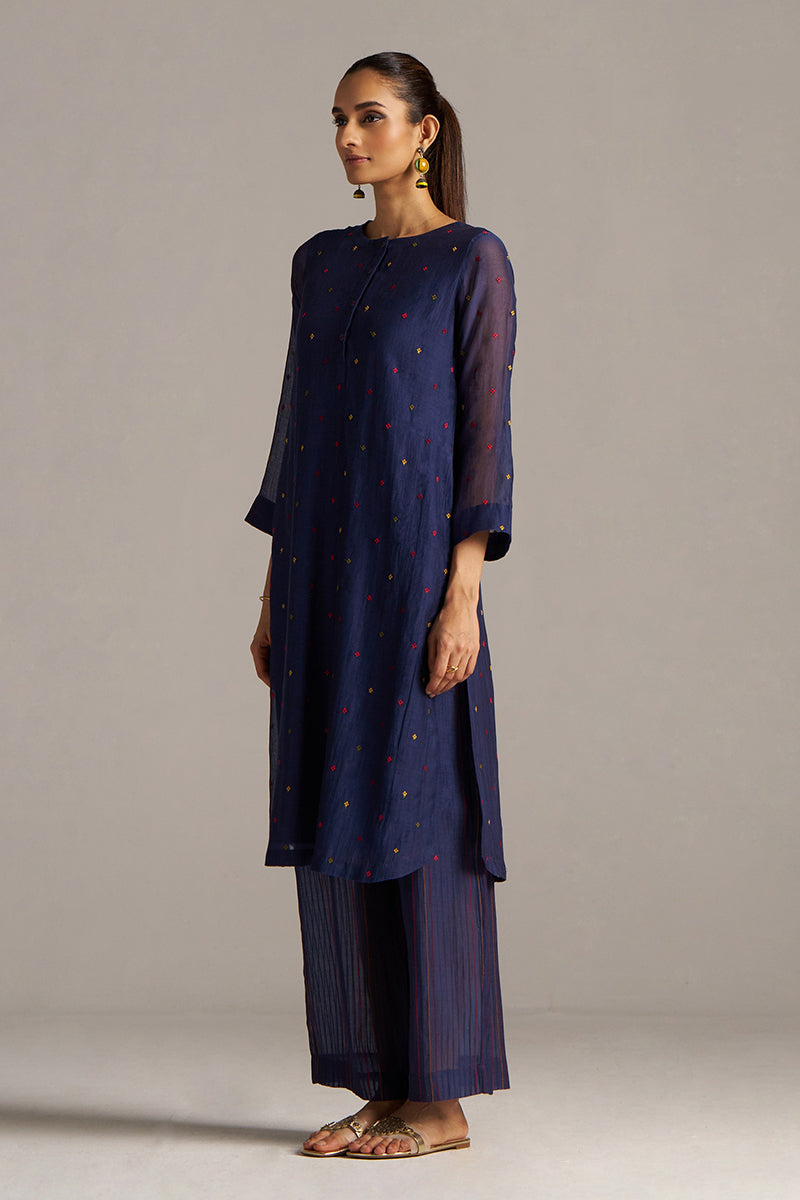 Dhiyona GF Women's Blue Opal Embroidered Mul-Chanderi Festive Co-ord Set