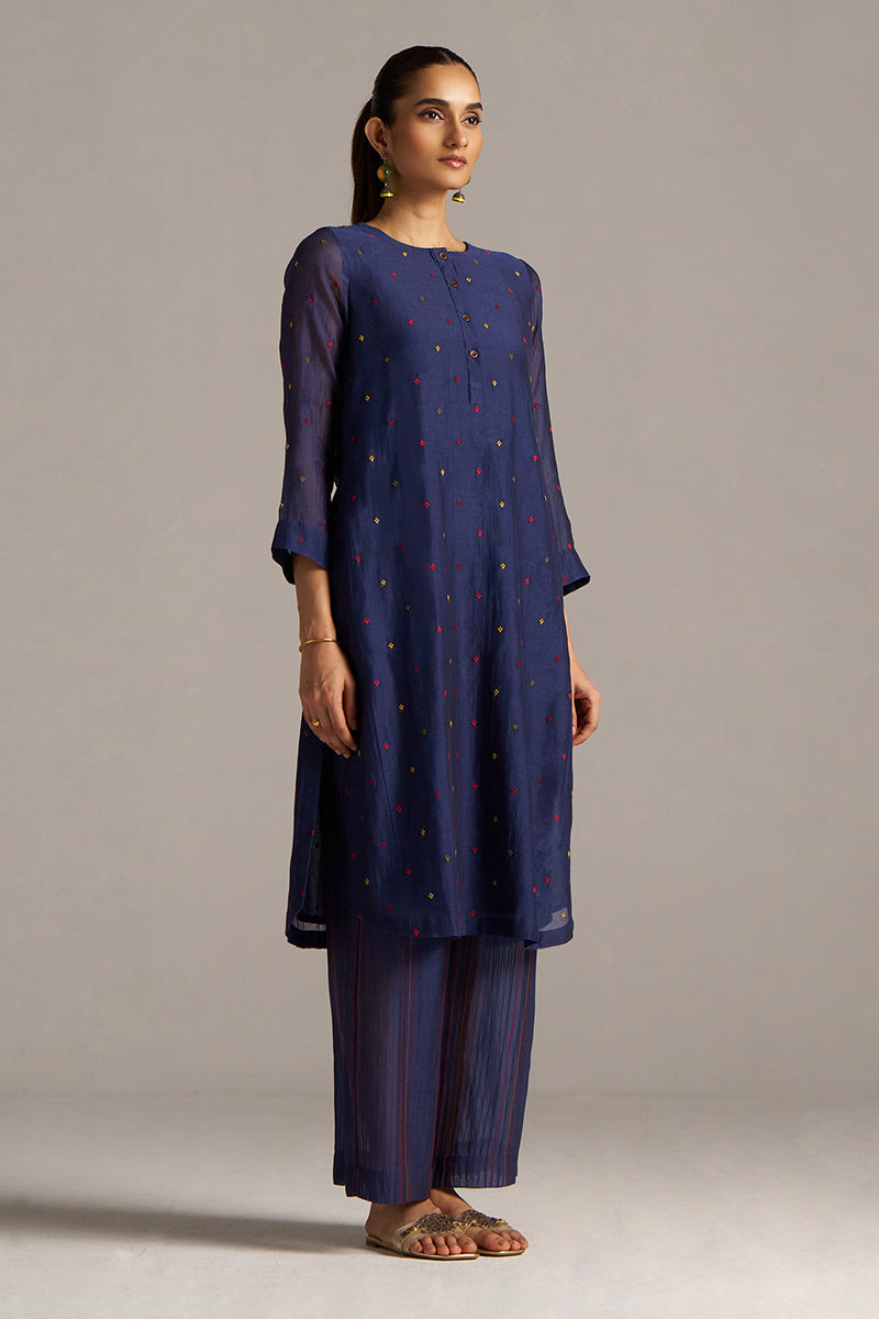 Dhiyona GF Women's Blue Opal Embroidered Mul-Chanderi Festive Co-ord Set