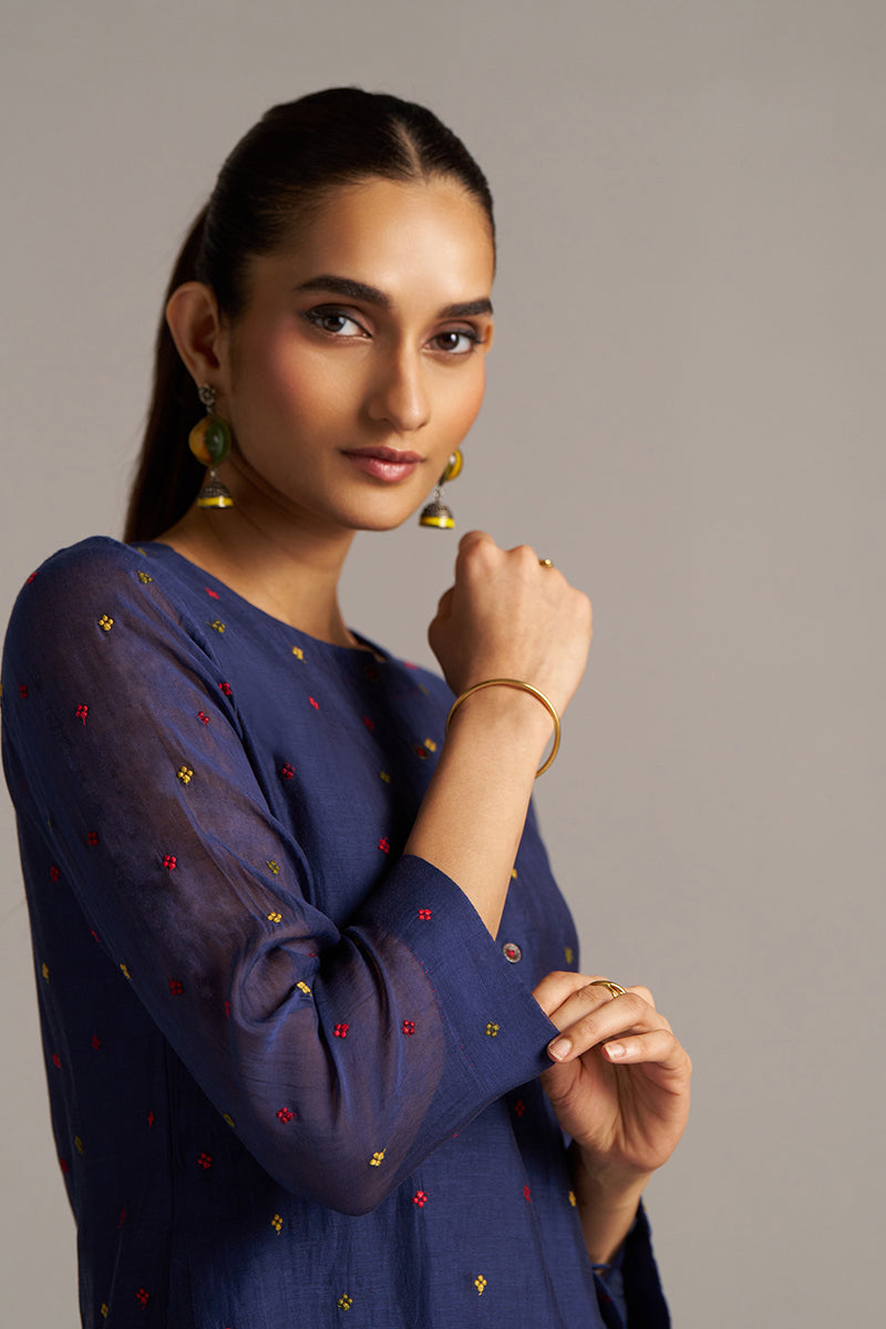 Dhiyona GF Women's Blue Opal Embroidered Mul-Chanderi Festive Co-ord Set