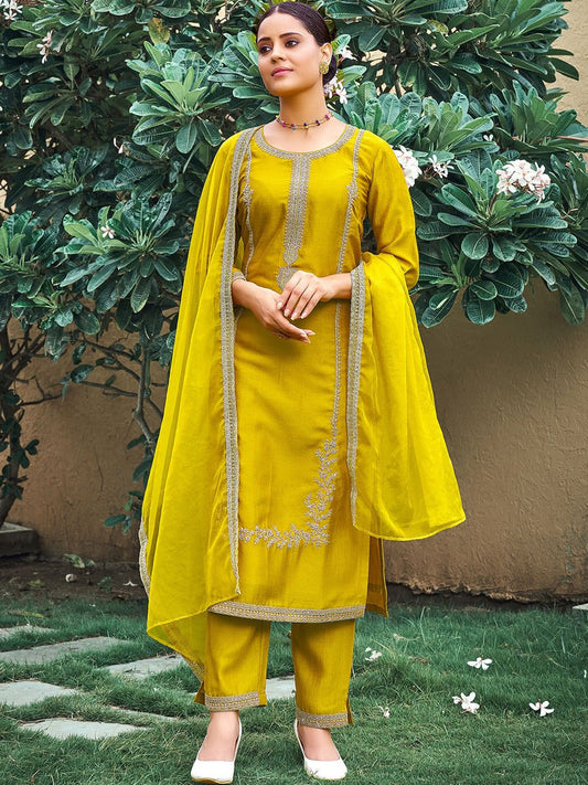 Dhiyona IE Ethnic Motifs Embroidered Straight Kurta & Trouser With Dupatta