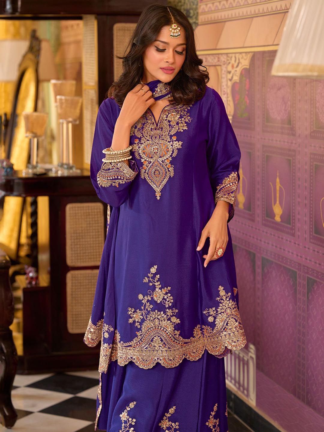 Floral Embroidered Sequinned Chinon A-Line Kurta With Palazzos & Dupatta