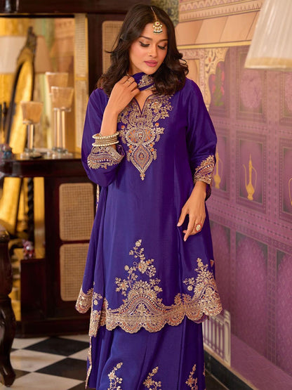 Floral Embroidered Sequinned Chinon A-Line Kurta With Palazzos & Dupatta