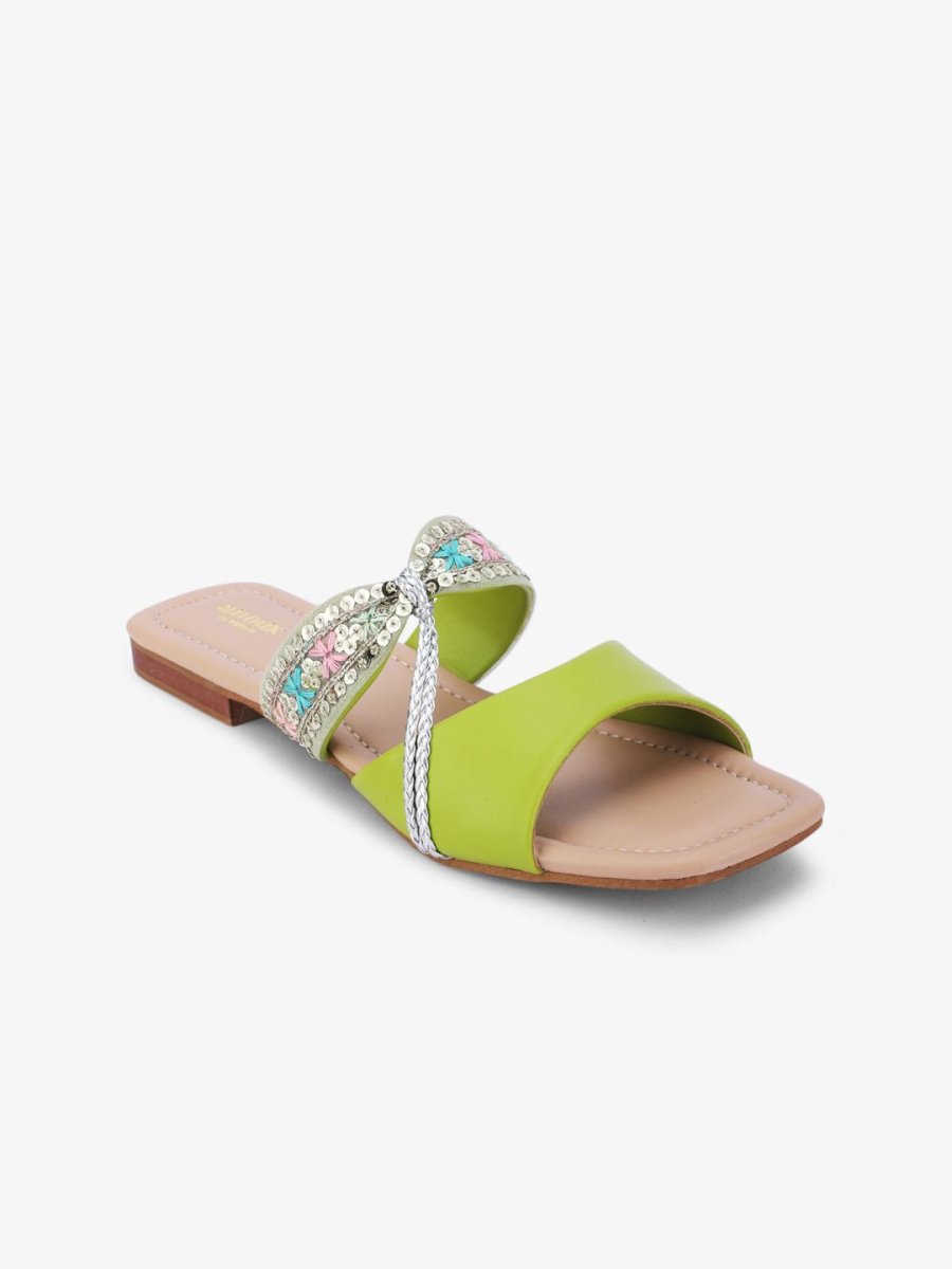 Dhiyona AK Green & Silver-Toned Embroidered Open Toe Flats