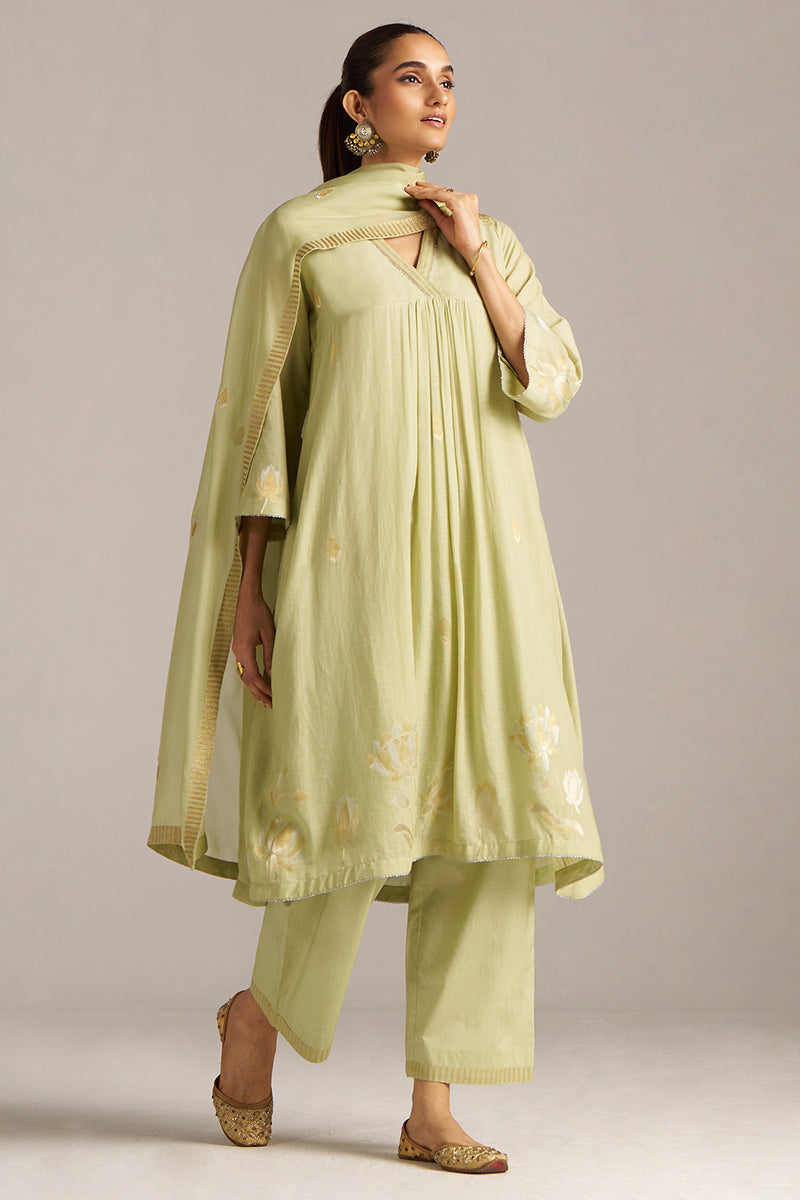 Dhiyona GF Women's Pistachio Woven Mul Cotton Festive Kurta Set