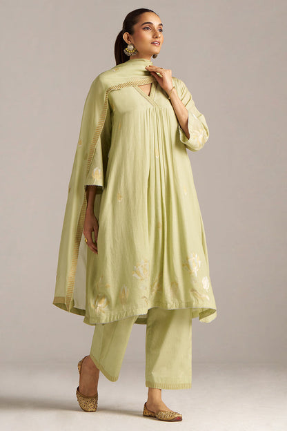 Dhiyona GF Women's Pistachio Woven Mul Cotton Festive Kurta Set