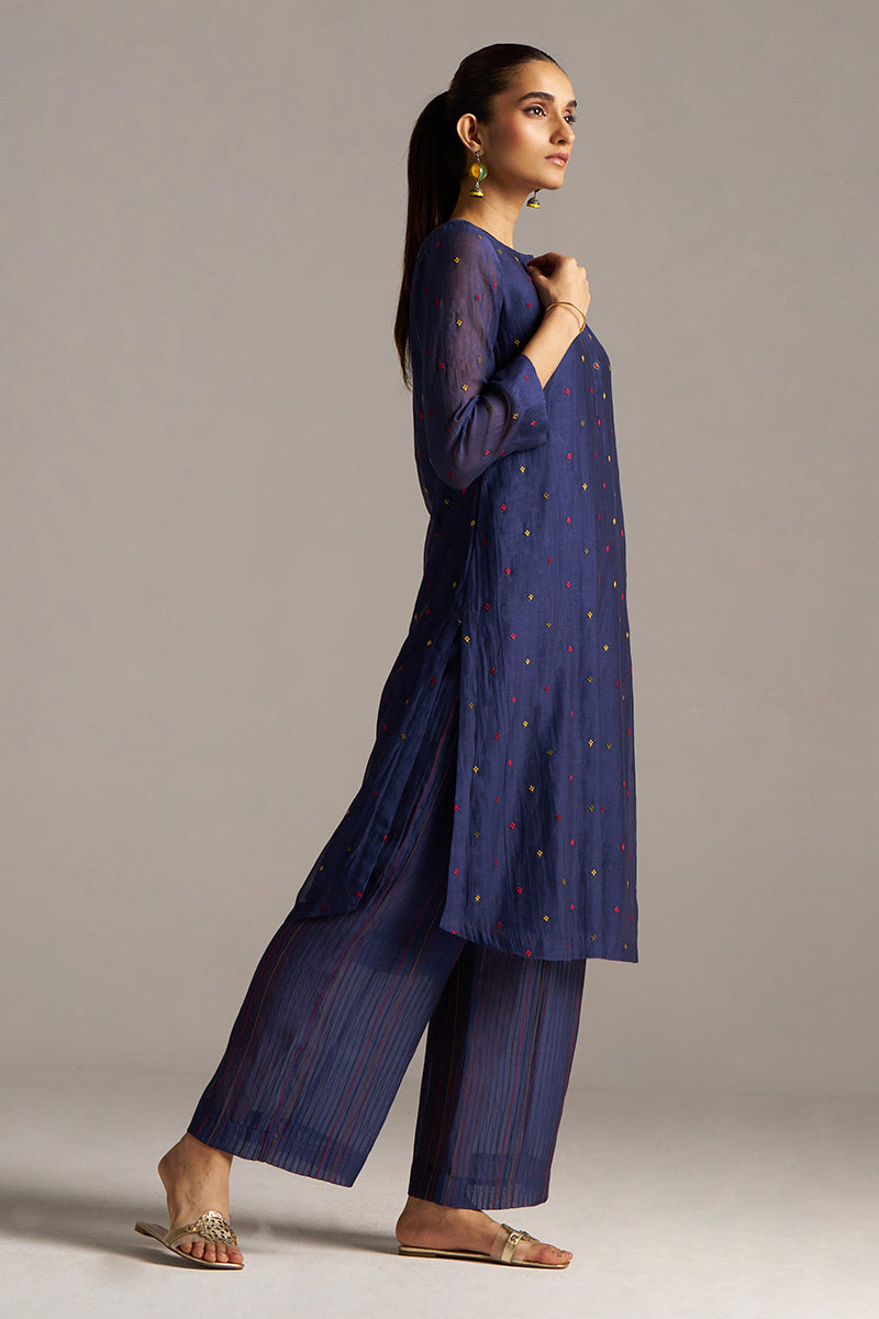 Dhiyona GF Women's Blue Opal Embroidered Mul-Chanderi Festive Co-ord Set