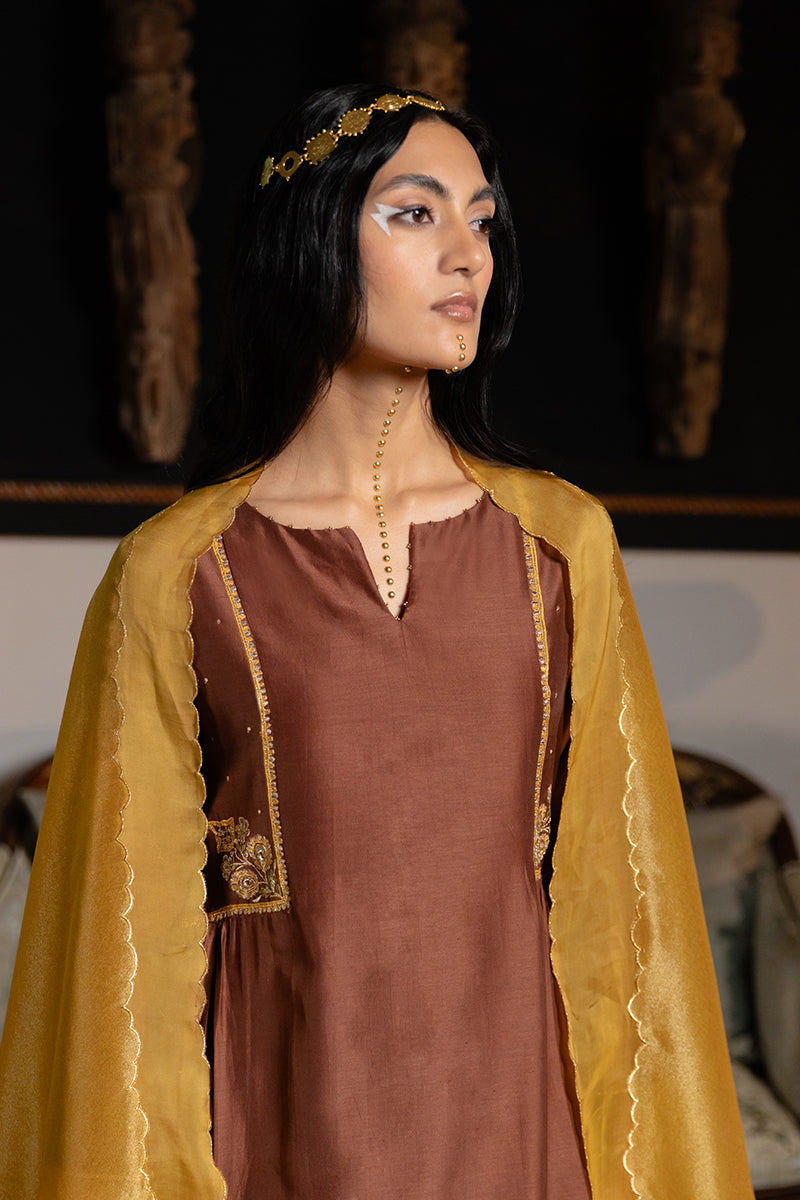 Women's Dark Chocolate Brown and Mustard Chanderi Silk Festive Kurta Set