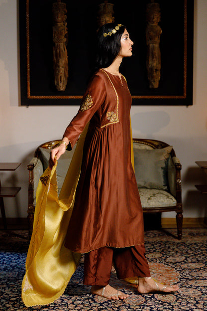 Women's Dark Chocolate Brown and Mustard Chanderi Silk Festive Kurta Set