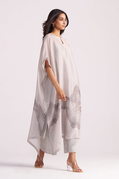 Woman wearing a Ash Grey Silk Kaftaan Co-ord Set on a white background