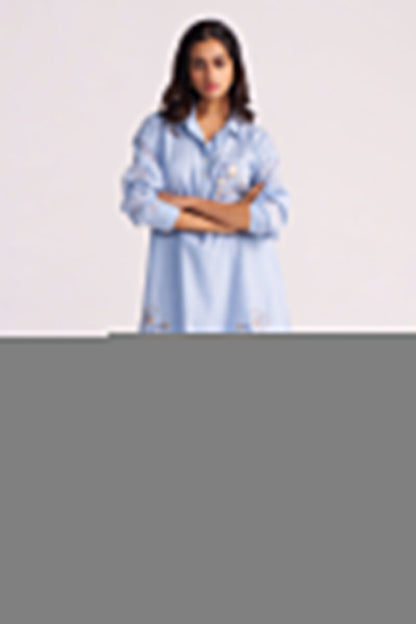 Woman wearing a Soft Sky Blue Mul-Mul Co-ord Set on a plain background